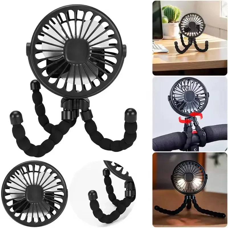 Mini Octopus Stroller Fan – Handheld USB Charging Bladeless Fan, Small Folding Silent Fan for Table, Outdoor, and Baby Use