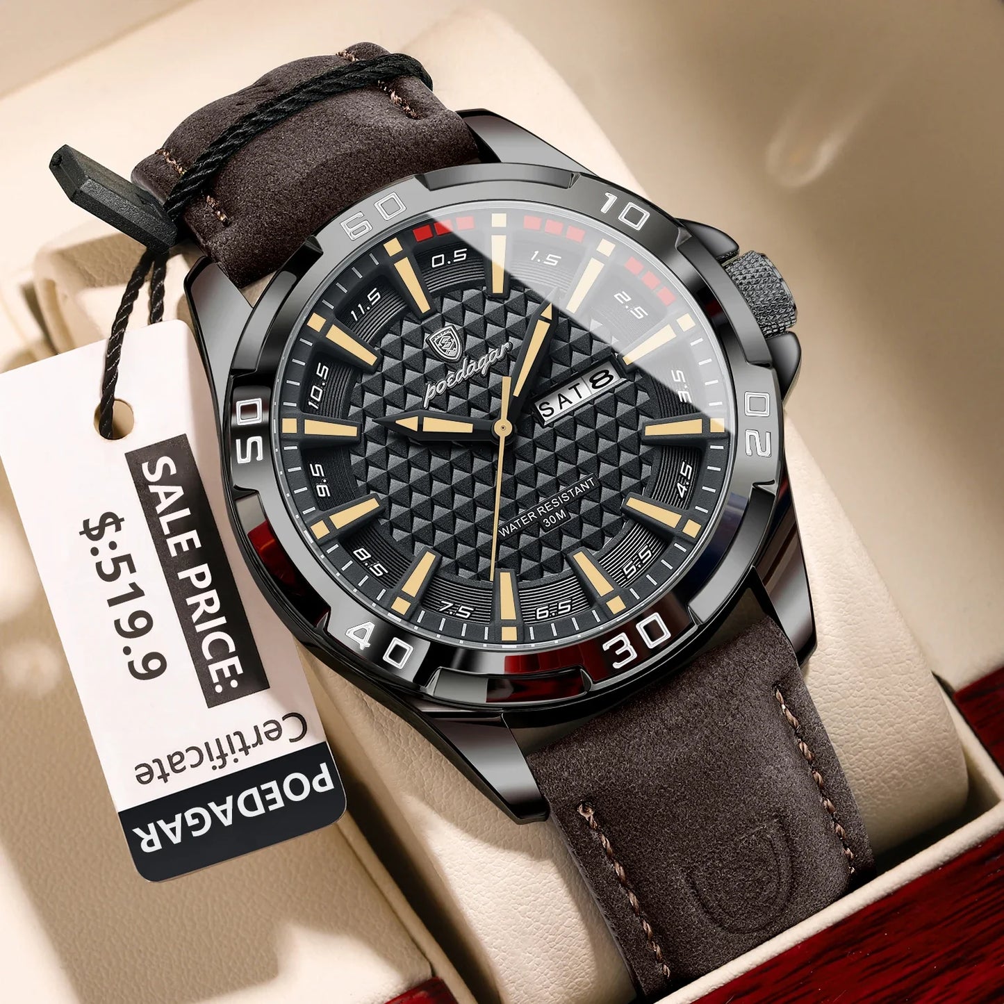 POEDAGAR Men’s Luxury Wristwatch – Waterproof Quartz Sport Watch with Luminous Hands, Date & Week Display, Leather Strap