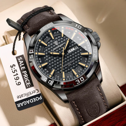 POEDAGAR Men’s Luxury Wristwatch – Waterproof Quartz Sport Watch with Luminous Hands, Date & Week Display, Leather Strap