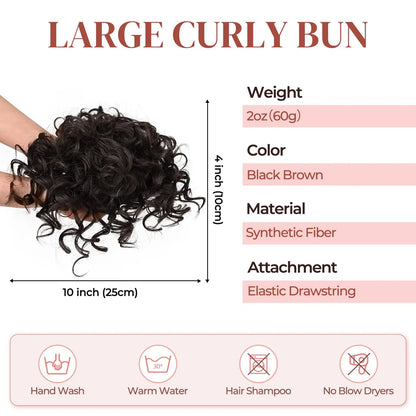 Synthetic Messy Bun Hair Piece – 60g Elastic Drawstring Curly Wave Hair Bun Extension for Women (Dark Brown)