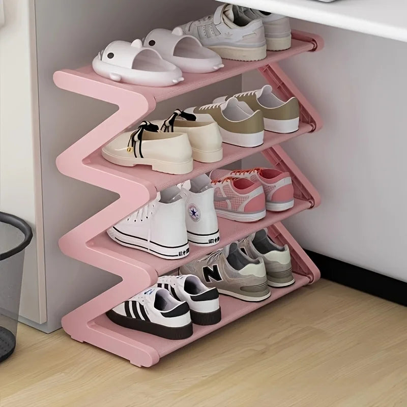 4-Tier Pink Z-Shaped Shoe Rack – Floor Storage Organizer for Living Room, Bedroom & Entryway