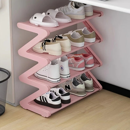 4-Tier Pink Z-Shaped Shoe Rack – Floor Storage Organizer for Living Room, Bedroom & Entryway