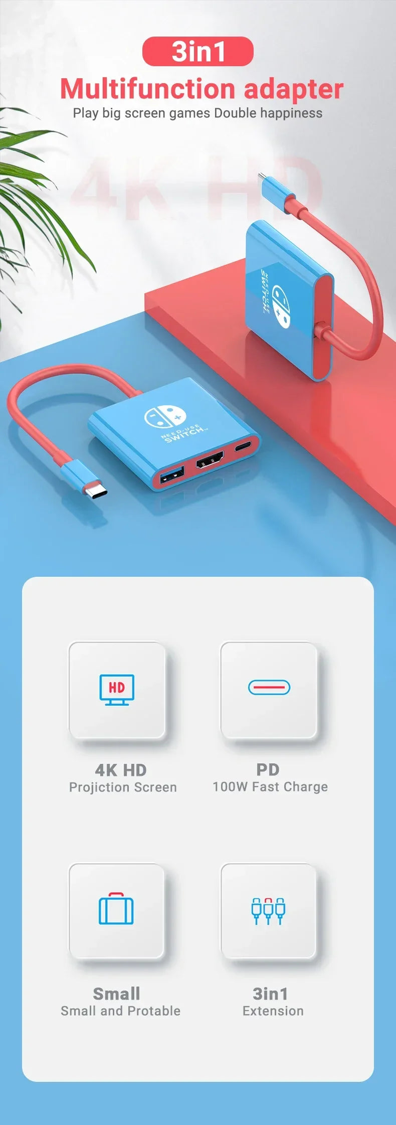 Switch Portable Type-C Docking Station – HDMI & USB 3.0 Hub, Compact Travel & Gaming Adapter