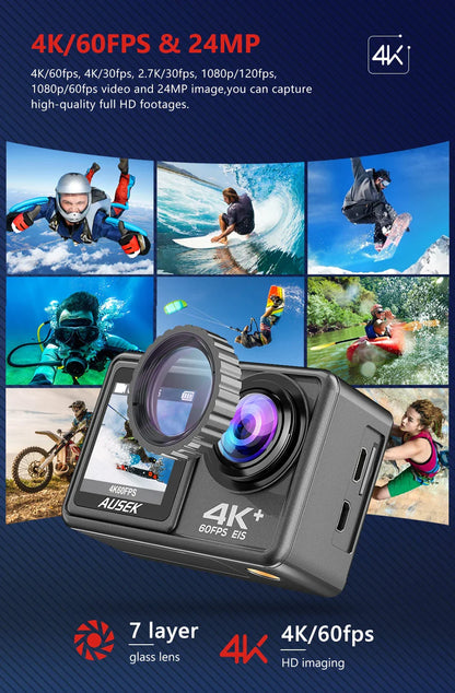 AUSEK S81TRW 5K Action Camera – 4K60FPS, 48MP, EIS, 5X Zoom, 1080P Webcam, Wi-Fi Vlog Sports Cam with Remote & Optional Filters