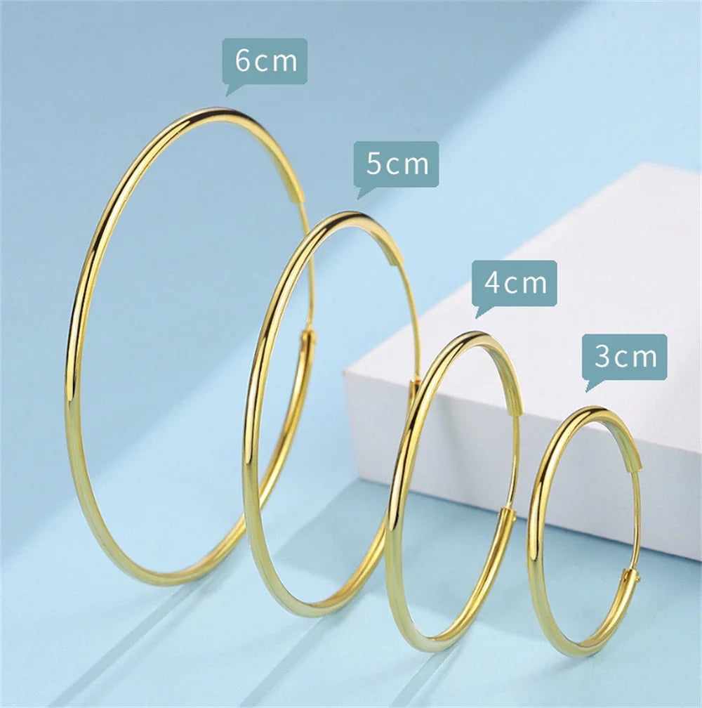 Gold-Plated Large Round Hoop Earrings — Smooth Stainless Steel Circles for Women, Multiple Sizes 12–60mm, Jewelry Gift