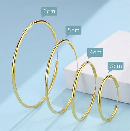 Gold-Plated Large Round Hoop Earrings — Smooth Stainless Steel Circles for Women, Multiple Sizes 12–60mm, Jewelry Gift