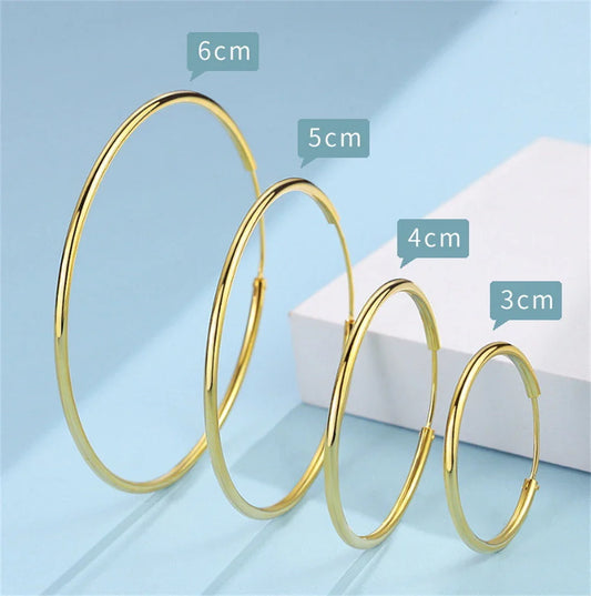 Gold-Plated Large Round Hoop Earrings — Smooth Stainless Steel Circles for Women, Multiple Sizes 12–60mm, Jewelry Gift