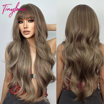 Orange Copper Ginger Long Wavy Synthetic Wig – Red & Yellow Wig with Bangs, Cosplay Body Wave, Heat-Resistant Hair for Women