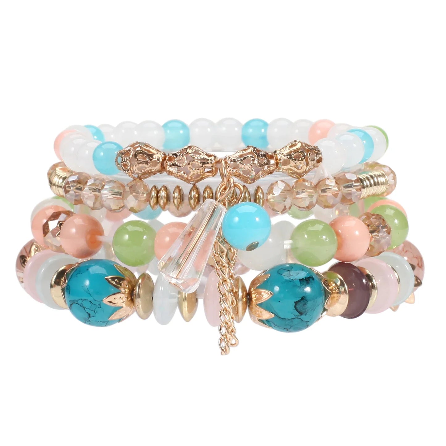 Bohemian Stackable Bead Bracelets for Women - Multilayered Pendant Charm Stretch Bangles