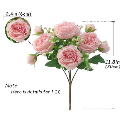 30cm Rose Pink Peony Silk Bouquet Artificial Flower, 5 Big Heads & 4 Small Buds for Wedding & Home Decor