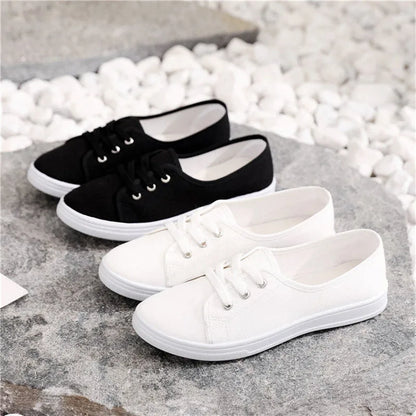 Lady Classic Round Toe White Canvas Shoes | Comfortable Lace-Up Street Sneakers for Students
