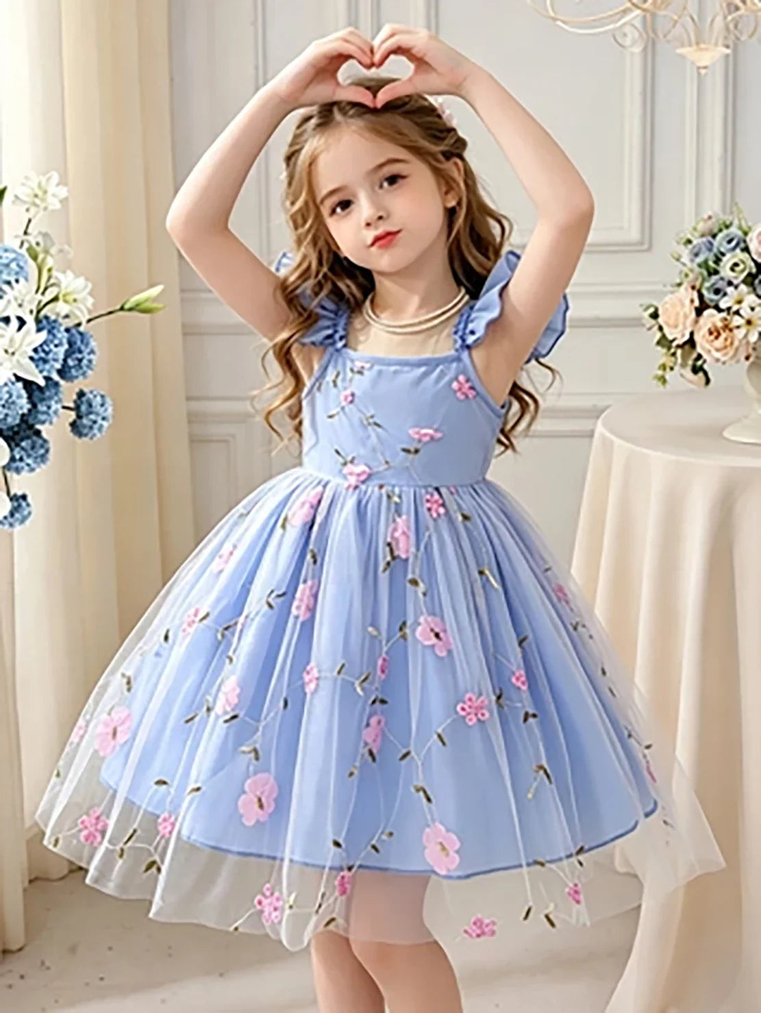 Girls’ Blue & Pink Floral Tulle Princess Dress - Flutter Sleeve Puffy Skirt Summer Party Dress