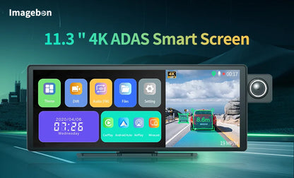 11.3" Imagebon H50 Dash Cam 4K - ADAS, Wireless CarPlay & Android Auto, 3-Channel Recording, Time Lapse & 24H Park Monitor
