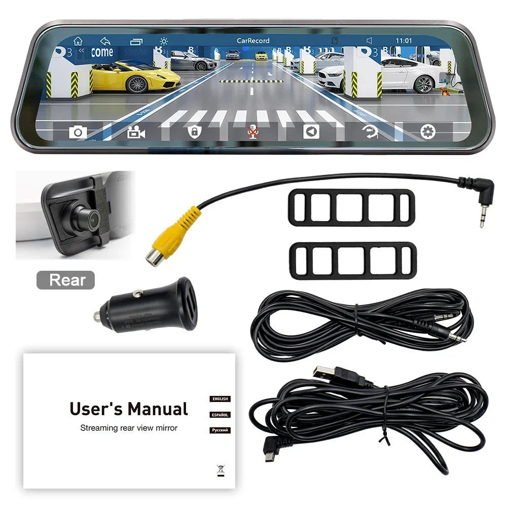 9.36" Car Stereo Touchscreen - MirrorLink, CarPlay & Android Auto Rearview Mirror Recorder with AUX, Bluetooth & FM Radio