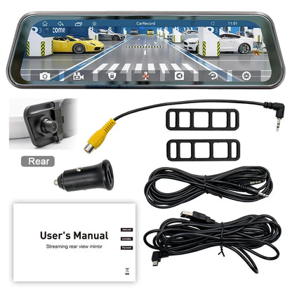 9.36" Car Stereo Touchscreen - MirrorLink, CarPlay & Android Auto Rearview Mirror Recorder with AUX, Bluetooth & FM Radio