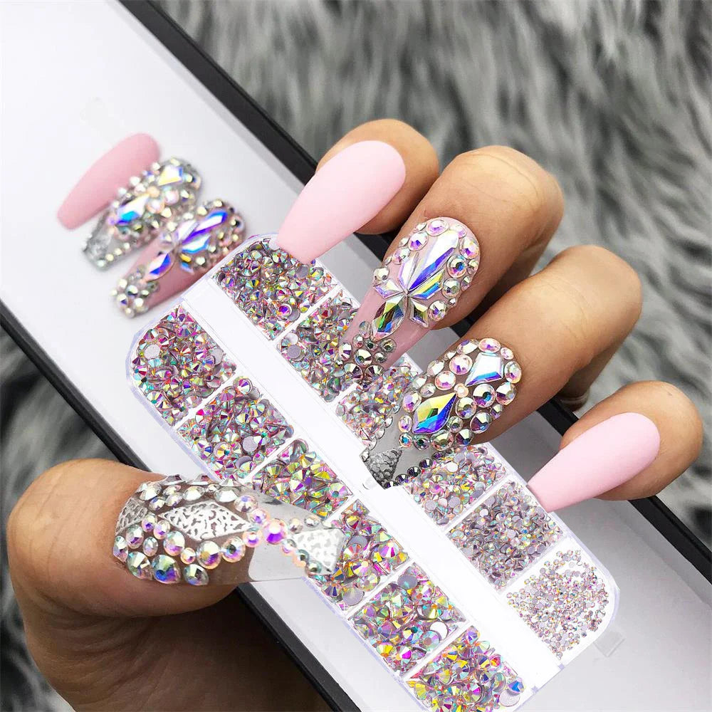 12-Grid 3D Glass AB Crystal Nail Art Rhinestones Kit – Flatback Round Beads with Tools for Nail Jewelry & Diamond Decoration