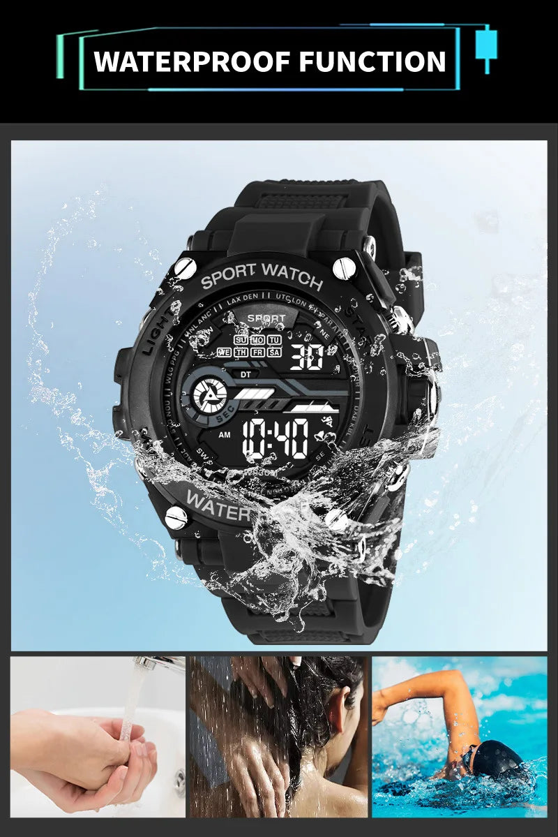 YIKAZE Men’s Waterproof Sports Watch — Multifunction LED Digital Military Watch with Alarm Clock