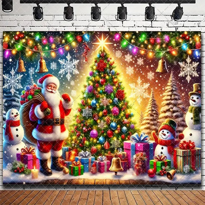 Merry Christmas Backdrop 2026 – Santa, Snowman & Xmas Tree Background for Family Party, Baby Shower & Photo Props