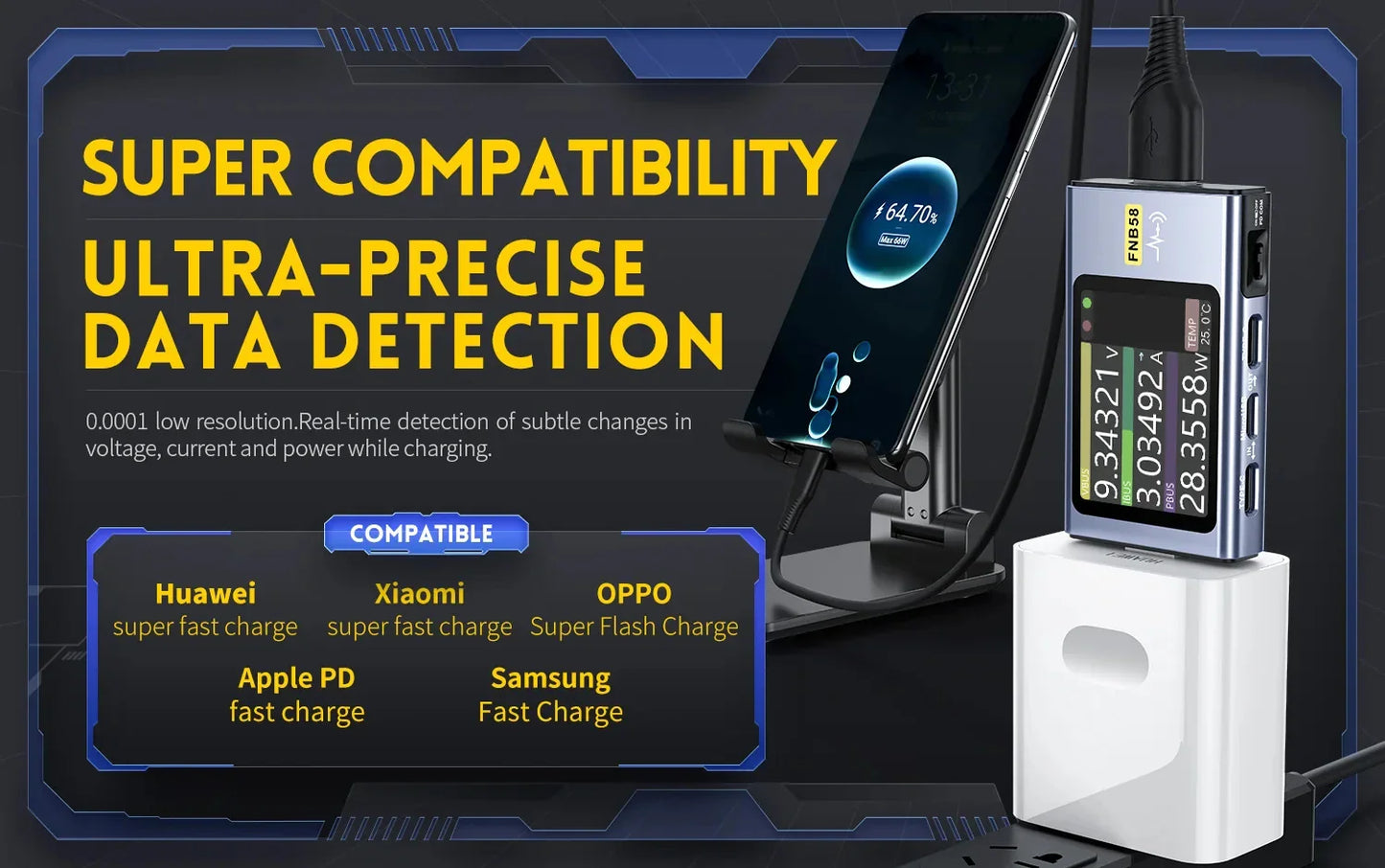 FNB58 USB Tester Voltmeter – TYPE-C Fast Charge Detection, Ammeter, Capacity & Ripple Measurement Tool