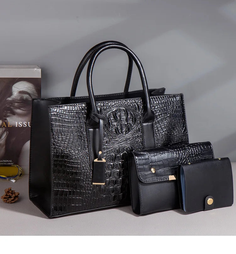 New Crocodile Pattern Handbag Set for Women — 3Pcs Tote, Shoulder Bag & Clutch, Large Capacity Fashion Set