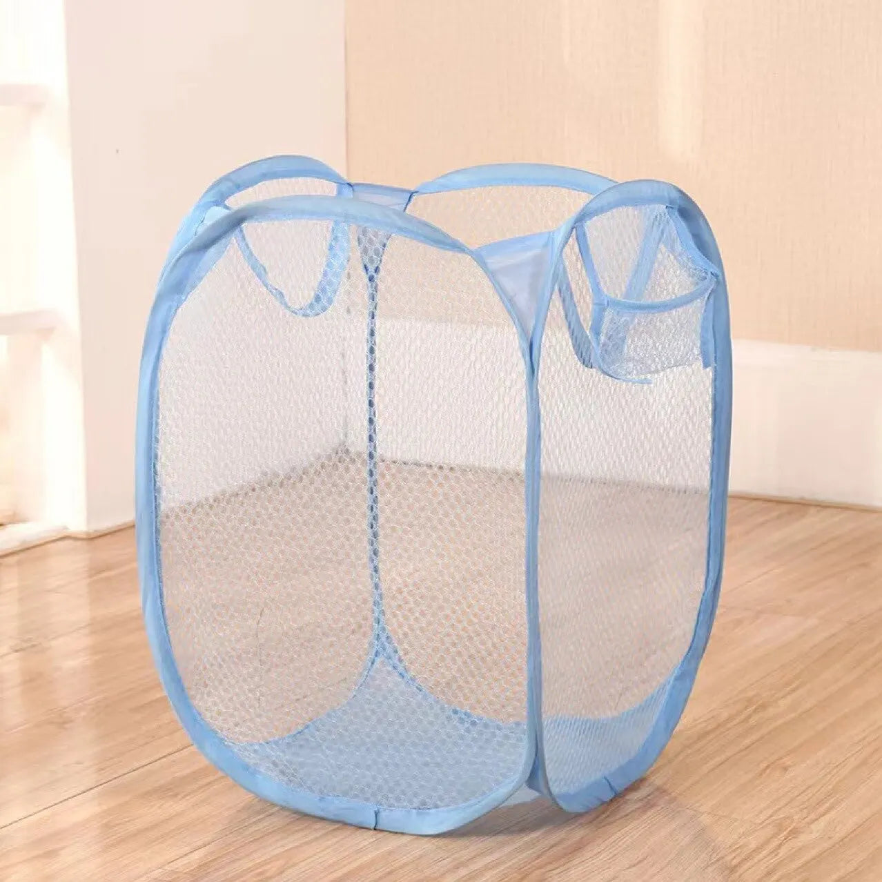 Blue Mesh Pop-Up Square Laundry Basket - Collapsible Toy Organizer Bag for Dorm - Dirty Clothes Storage Solution