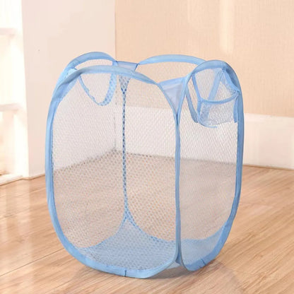 Blue Mesh Pop-Up Square Laundry Basket - Collapsible Toy Organizer Bag for Dorm - Dirty Clothes Storage Solution