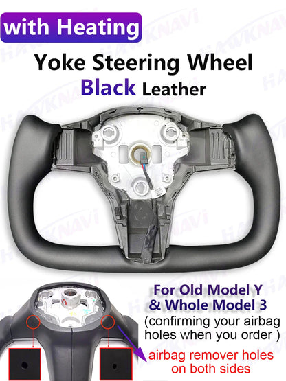 Hawknavi 350mm Yoke Steering Wheel – Leather Racing Style for Tesla Model 3 & Model Y, Heated Optional, White & Black