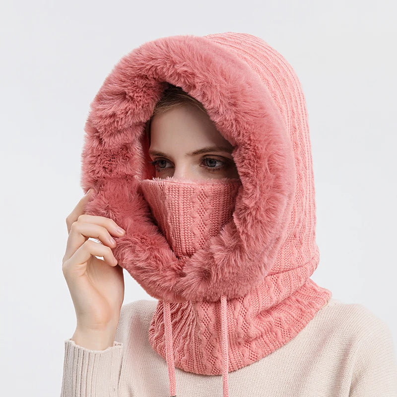 Winter Fur Cap Mask Set – Hooded Knitted Cashmere Neck Warmer, Plush Windproof Balaclava Ski Beanie for Women