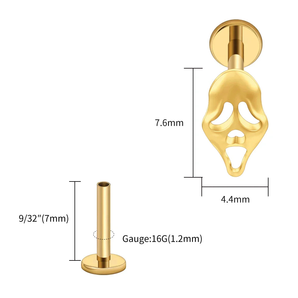Right Grand ASTM F136 Titanium 16G Ghost Face Flat Back Earring – Halloween CZ Cartilage Stud for Helix, Labret & Nose Piercing Jewelry