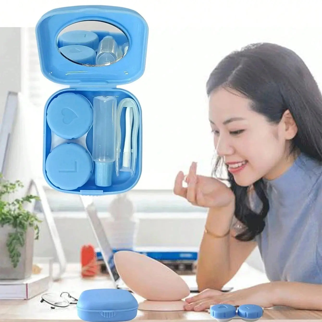 Mini Portable Contact Lens Case Kit – Solid Color Storage Box with Tweezer & Suction Stick Travel Holder