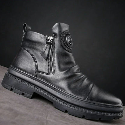 Men’s Motorcycle Leather Boots – British Style High-Top, Round Head, Side Zip, Casual Platform Walking Boots