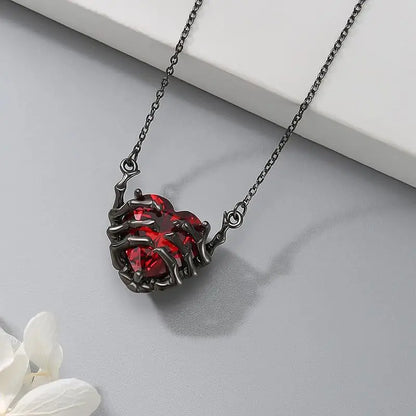 Exaggerated Punk Gothic Heart Ghost Claw Pendant Necklace — Dark Red Fashion Jewelry for Women & Men