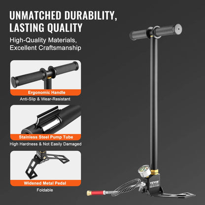 VEVOR 3-Stage PCP Air Pump — 30MPa/4500PSI Hand Stirrup Pump with Pressure Gauge for Pistols, Rifles, Air Guns, Cars & Bicycles