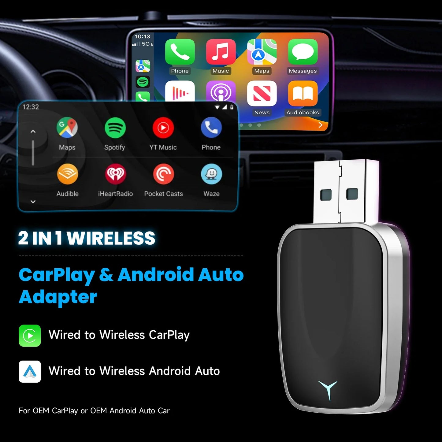 2-in-1 Wired to Wireless CarPlay & Android Auto Adapter — Plug & Play Wireless Car Multimedia Adapter