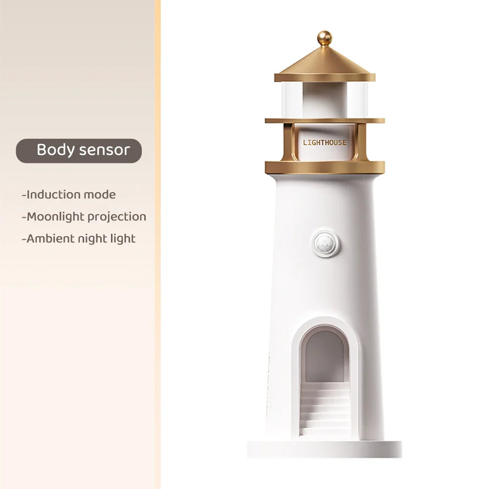 Moon Projection Lighthouse Night Light – Dimmable, Motion Sensor, Bluetooth Music, Timing Ambient Lamp for Christmas & Birthday Gift