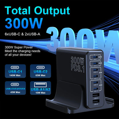 Ubigbuy 300W Multi-Port GaN Charger - USB-C 140W PD 3.1 & PPS 100W Charging Station for MacBook Pro M2, iPhone 15/14, Galaxy