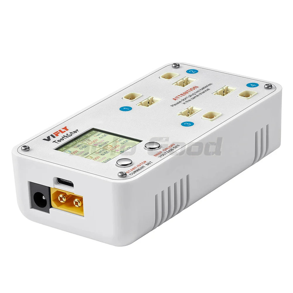 VIFLY ToothStor 4-Port 2S Balance Charger – LCD Display with Storage Mode for LiHV/LiPo RC FPV Racing Drone Batteries