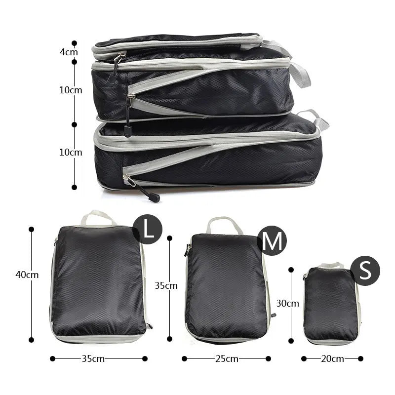 3-Piece Compressible Waterproof Nylon Packing Cubes Set – Portable Travel Storage Bags with Handbag Luggage Organizer