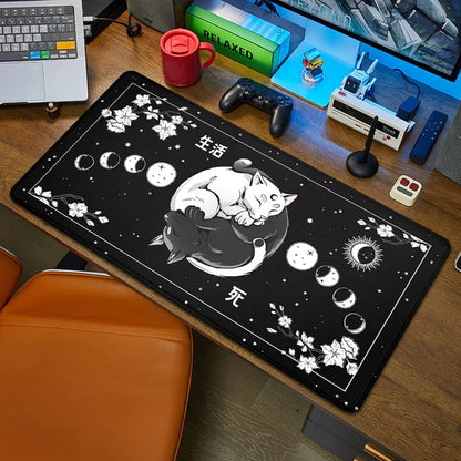 Black Cat XXL Mouse Pad 90x40 — Large Kawaii Black & White Desk Mat for Computer and Office