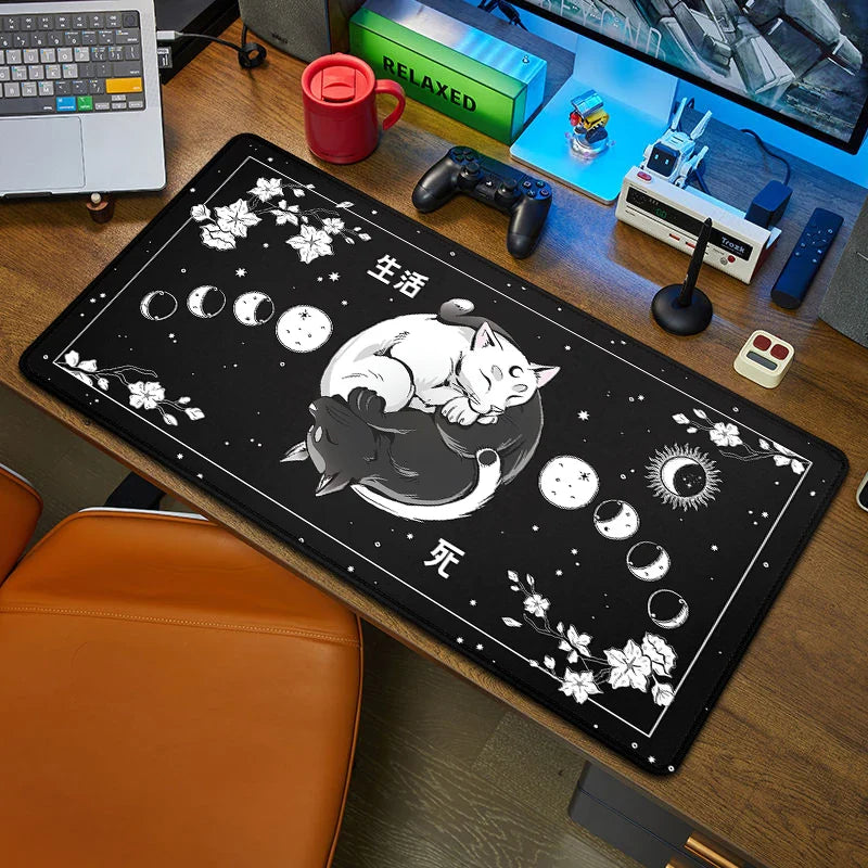 Black Cat Large Mouse Pad 90x40 — Kawaii Black & White Desk Mat for Computer & Office