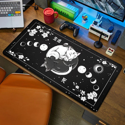 Black Cat Large Mouse Pad 90x40 — Kawaii Black & White Desk Mat for Computer & Office
