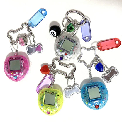 Korean Fashion Rainbow Game Console Keychain — Kawaii Harajuku Y2K Crystal Heart Lock DIY Bag Pendant Charm, Vintage Style