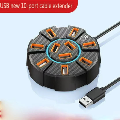 10-Port USB 2.0 Hub Adapter - High-Speed Multi USB Splitter & 7-Port Expander for PC and Laptop