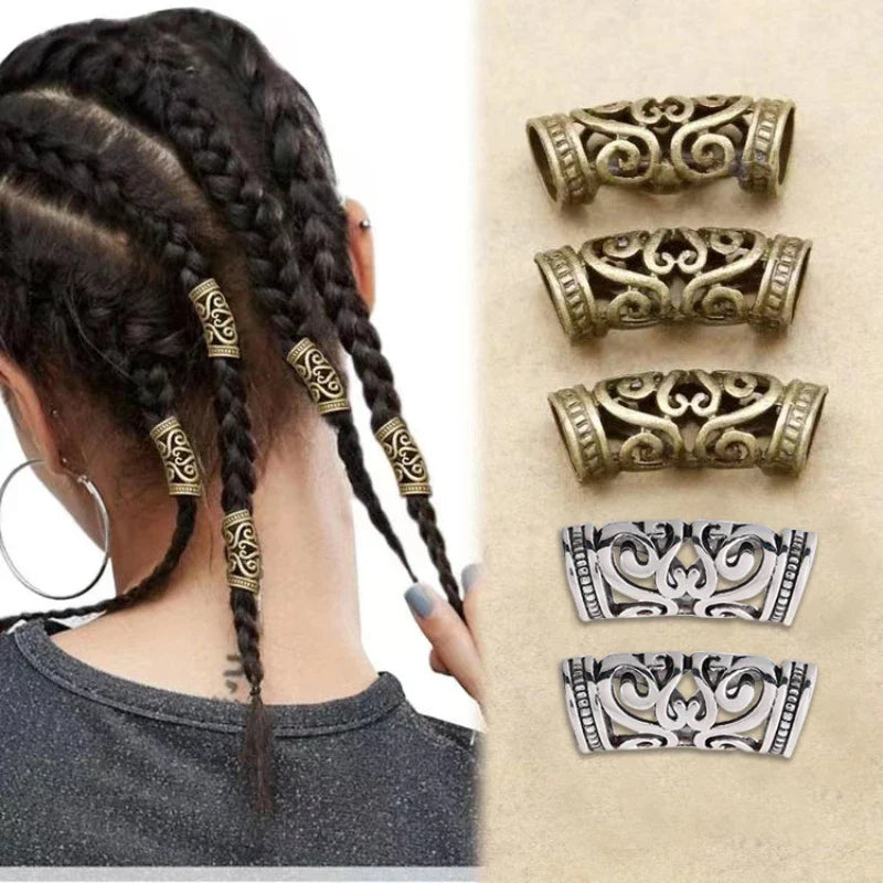5Pcs Viking Metal Hair Braid Beads – Antique Silver & Gold Dreadlock Rings Clips Retro Hair Accessories for Braids & Styling