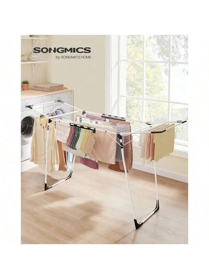 SONGMICS Foldable Gullwing Clothes Drying Rack – Space-Saving Laundry Rack with Sock Clips, 22.2"x68.1"x38"