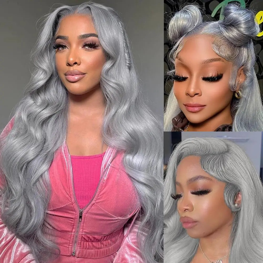 13x6 Silver Grey Body Wave Lace Front Wig – 100% Human Hair, Preplucked 13x4 Lace Frontal Brazilian Wig, 36 Inch