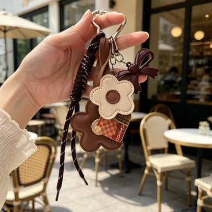 Flower Leather Bag Charm Keychain - Braided Cord & Acrylic Bow Floral Accessory for Women and Girls