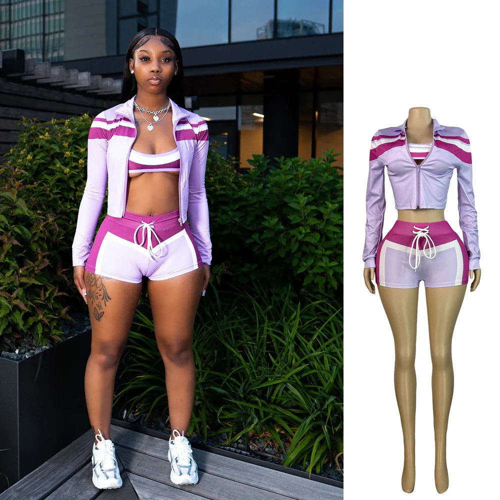 2025 Trending Women’s Summer 3-Piece Tracksuit – Color Block Sports Bra, Jacket & Shorts Gym Workout Set