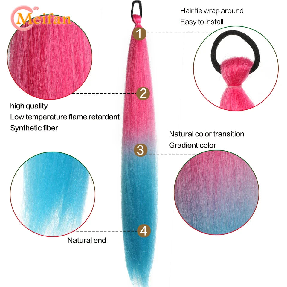 MEIFAN Synthetic Color Braid Ponytail Extension – Red, Green, Blue, Pink, Straight Hair Wrap Around with Elastic Tie