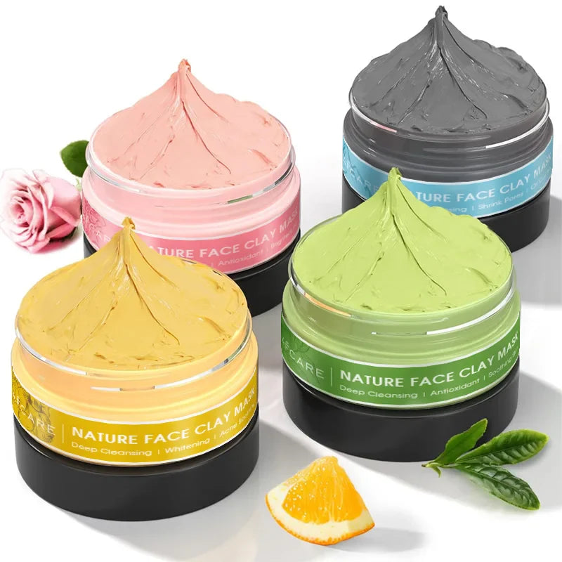 4pcs Clay Facial Mask Set — Turmeric, Vitamin C, Green Tea & Rose Clay for Deep Cleansing, Moisturizing & Pore Refining (320g)